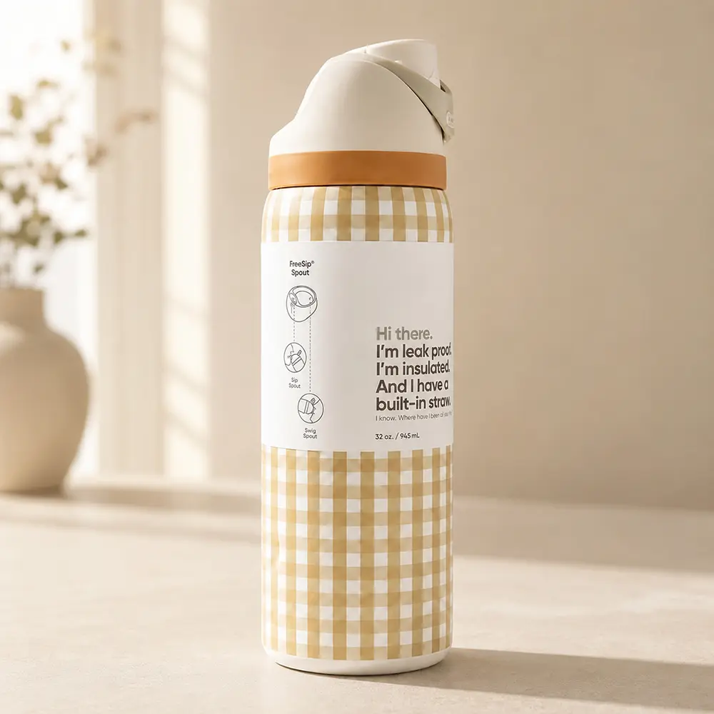 Owala Cute Beige Gingham Print Water Bottle with Flip Lid & Straw – Cute Checkered Reusable Travel Bottle for Women, Men & Teens, School, Gym, Work & Daily Use