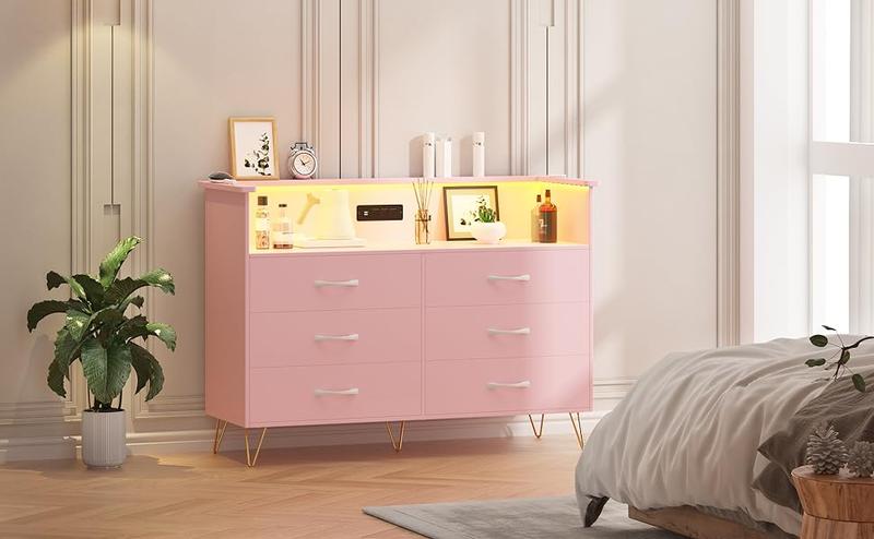 GARVEE Dresser with LED Light for Bedroom 6 Drawer, Wooden Dressers with Charging Station, Large Double Dresser with Wide Drawers, Modern Chests of Drawers for Living Room, Hallway, TV Stand GARVEE Dresser with LED Light for Bedroom 6 Drawer, Wooden Dressers with Charging Station, Large Double Dresser with Wide Drawers, Modern Chests of Drawers for Living Room, Hallway, TV Stand