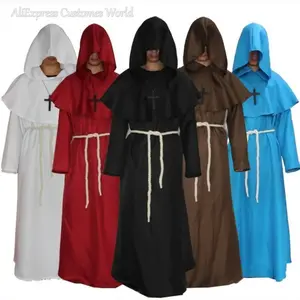 Knight Medieval Hooded Monk Cosplay Costume Plague Doctor Cos Adult Men Halloween Cosplay Renaissance Priest Robe Wizard Tunic
