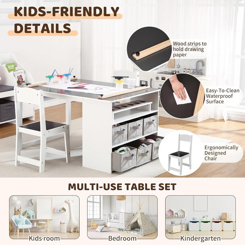 Kids Art Table and 2 Chairs,School Toddler Craft and Play Wood Activity Table with Storage Bins, Drawing Desk, Kids Activity Table and Study Table, Activity & Crafts for Children Wooden Furniture