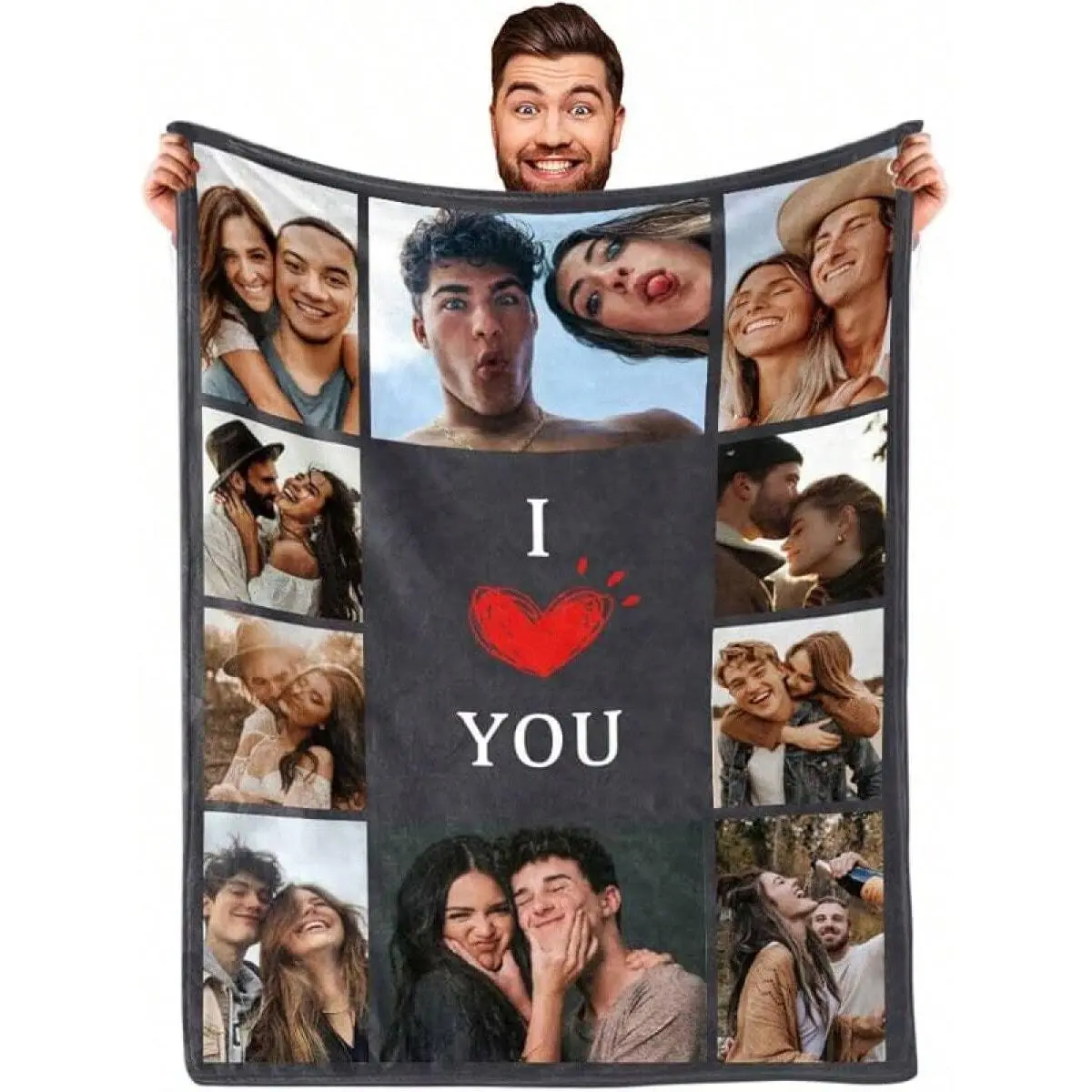 I Love You Custom Blanket - Personalized Couple Memory Collage Flannel Throw, Soft Cozy Warm Photographic Decor, Anniversary Valentine's Day Gift for Couples, Grey Couch Bedroom Accent (Send Photo via Private Message), Personalized Blankets