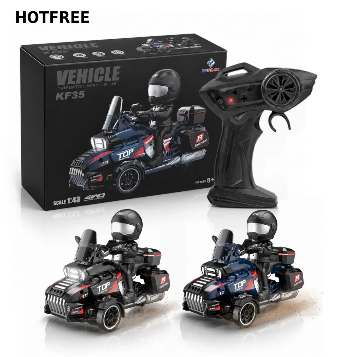 Hotfree 1/43 RC Drift Touring Motorcycle, 3WD High-Speed Remote Control Car, LED Lights, USB Rechargeable, Reverse Trike Motorcycle with Detachable Rider Figure, Desktop Entertainment Toy, Birthday Christmas Gift for Kids Boys Adults