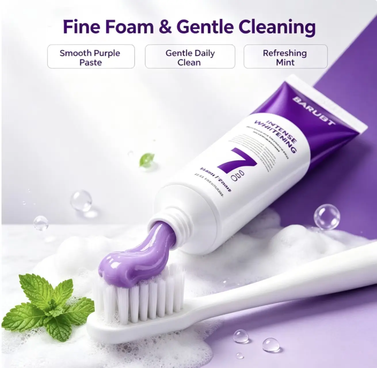 Gentle whitening purple toothpaste suitable for sensitive teeth, gently removes stains without damaging tooth enamel, provides long-lasting fresh breath and protects gums.