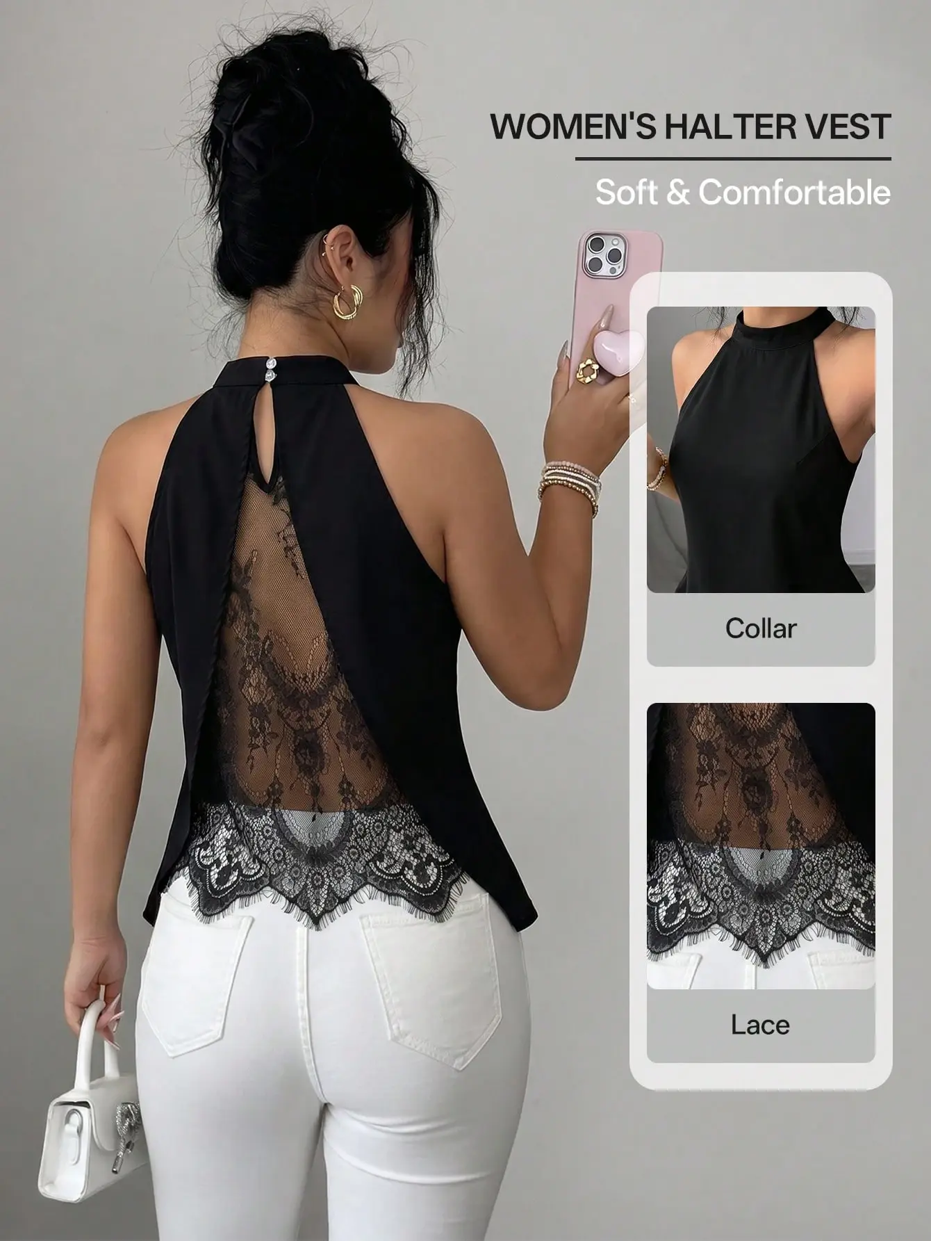 LALUZ Elegant Versatile Sleeveless Blouse Sheer Lace Back Design Top For Women Spring Fall Outfit