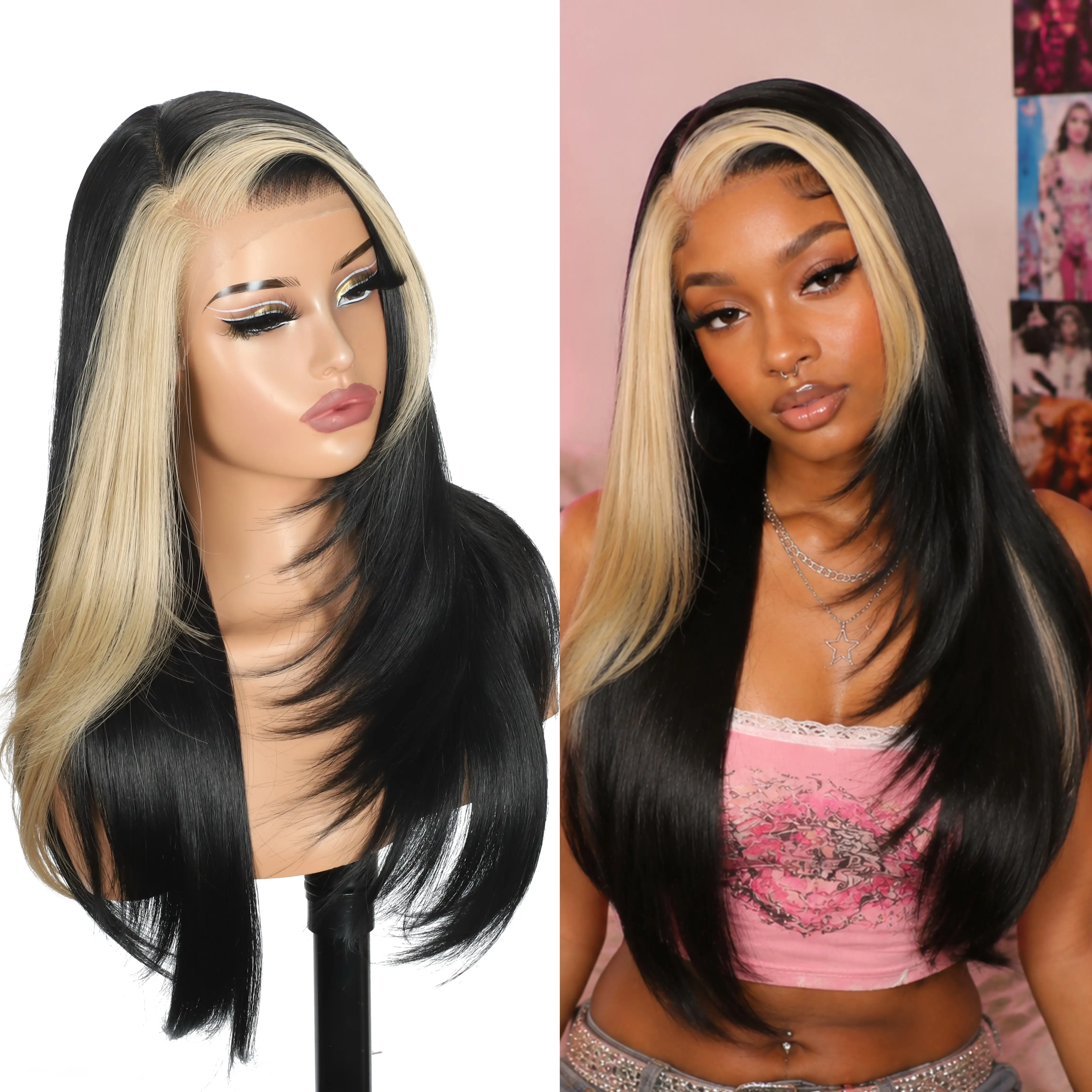 NEWTRESS  Layered Straight 13x6 HD Lace Frontal Glueless Wigs 24 Inch 220% Density with Face Framing Bangs Pre Plucked & Pre Cut Synthetic Hair Vivid Self Growing Natural Hairline Wear and Go for Daily Use and Wig Night