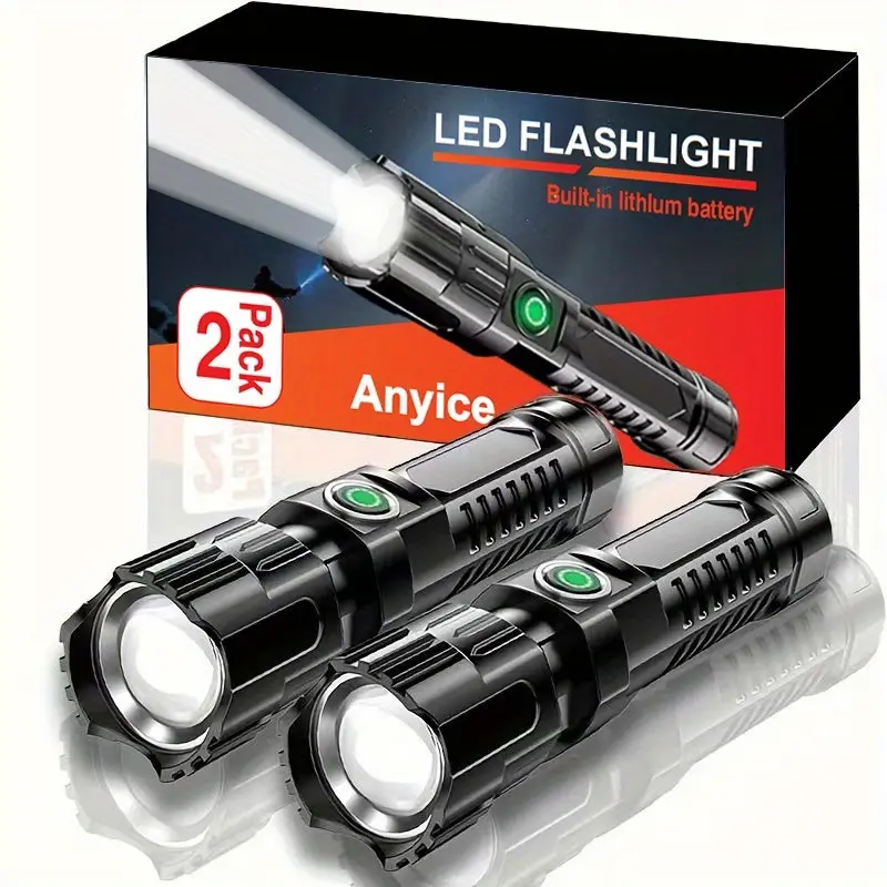Anyice 1pc/2pcs Super Bright Flashlight, USB Rechargeable Telescopic Zoom Wide Beam Handheld Emergency Illumination Flashlight For Outdoor, Exploration, Work Lighting