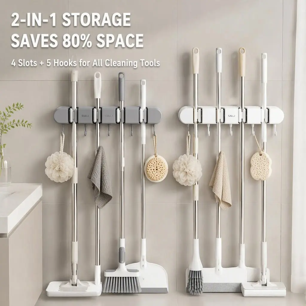 No-Drill Wall Mount Broom & Mop Holder – 4 Racks + 5 Hooks, Self-Adhesive Heavy-Duty Organizer, Space-Saving for Bathroom, Kitchen, Garage & Laundry – Available in Grey & White! #BroomHolder #NoDrill #HomeOrganization #TikTokMadeMeBuyIt