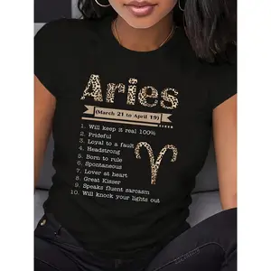 "Aries Zodiac Women’s 180g Black Cotton Crew Neck Tee — Bold Astrological Print T-Shirt with 10 Traits: Prideful, Headstrong, Born to Rule, Spontaneous, Great Kisser, Sarcasm Expert for March 21-April 19, Perfect Horoscope Gift"