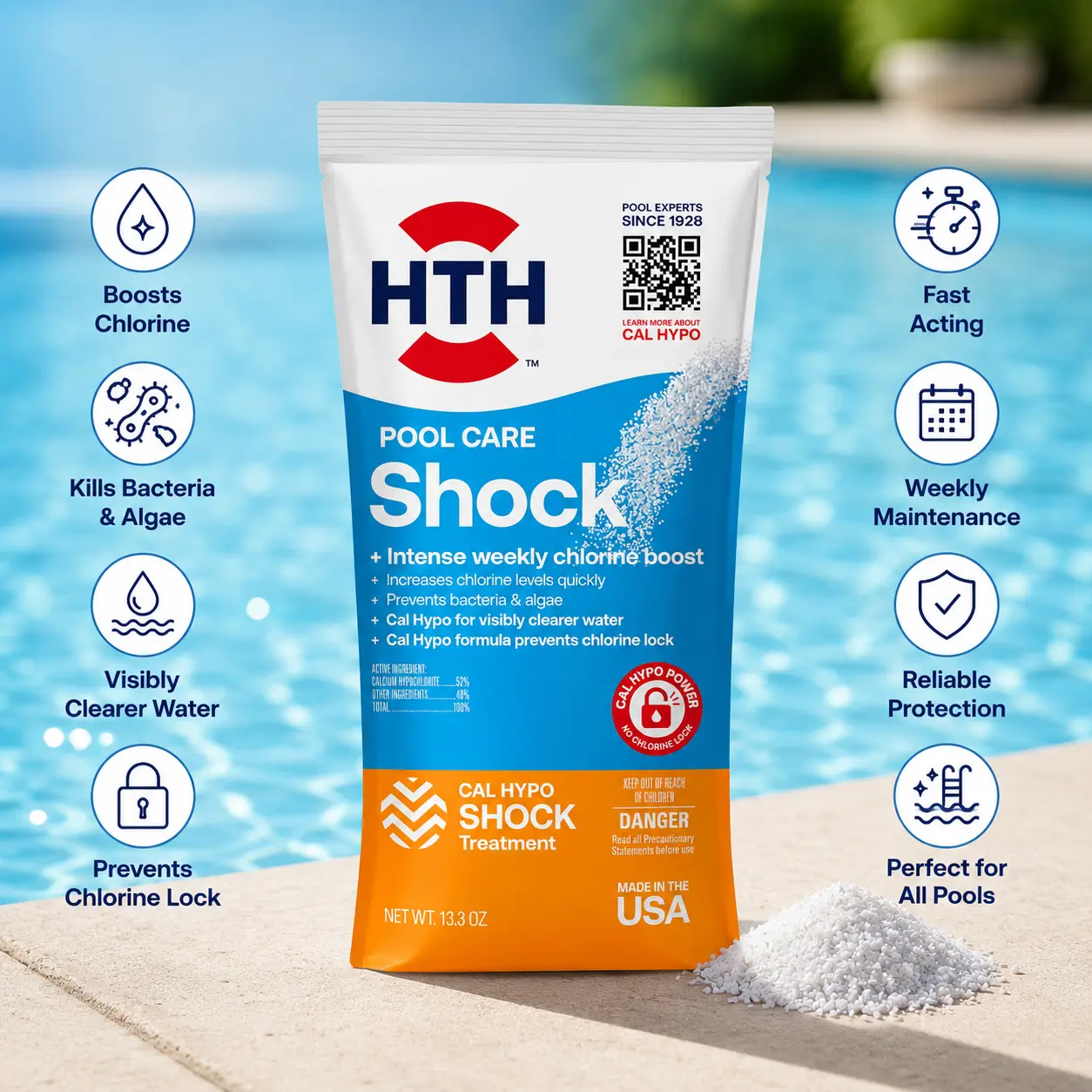HTH 52036R Fast-Dissolving Cal Hypo Pool Shock Powder, Home & Garden Pool Chemical - Kills Bacteria, Sanitizes, Controls Algae, Restores Clean Water Treatment