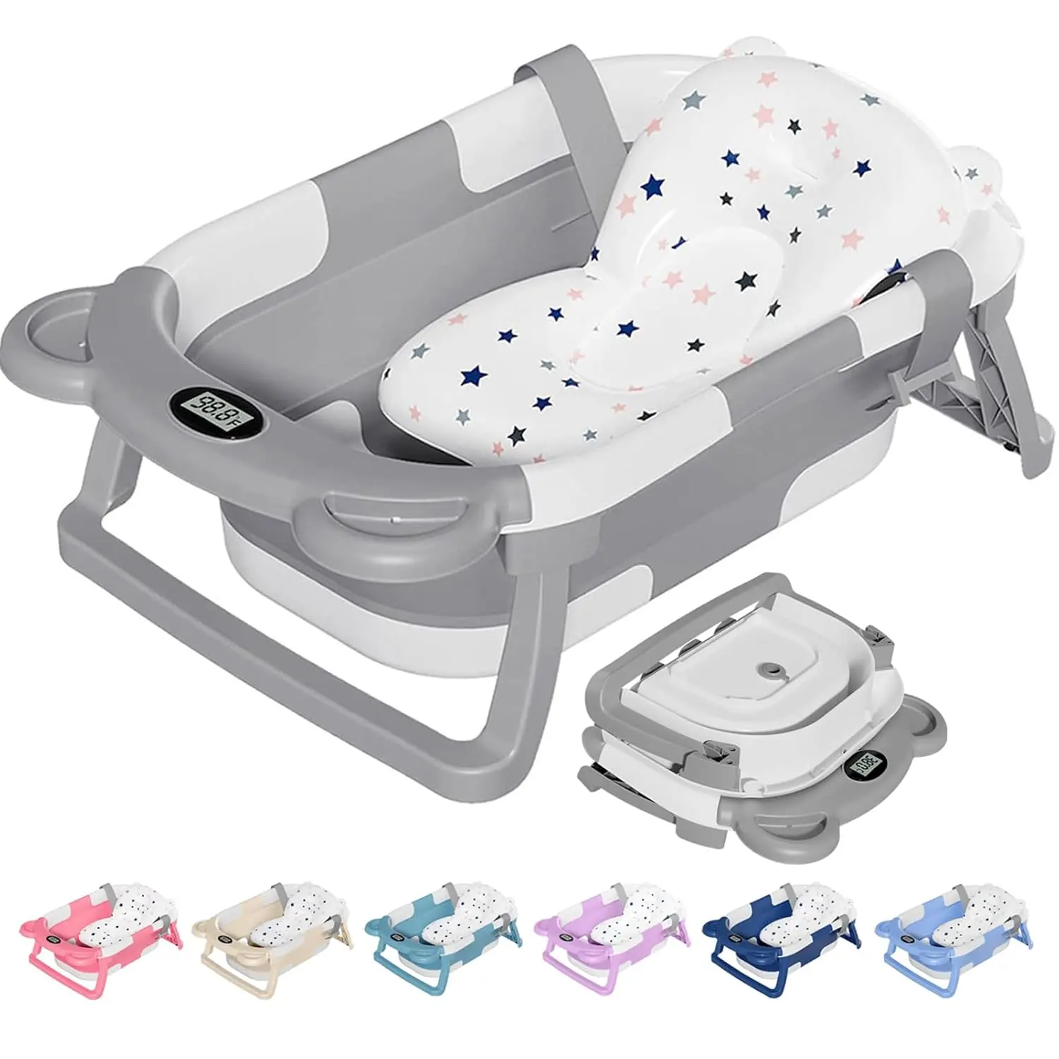 Collapsible Baby Bathtub with Soft Cushion Real - Time Thermometer 0 - 36 Months Portable Newborn to Toddler Travel Bath Tub