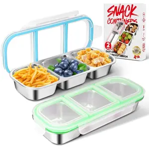 Steel Snack Containers 3 Compartment Snackle Box Container Divide Wet Dry Leakproof Metal Storage Containers for School, Travel (Blue + Green)