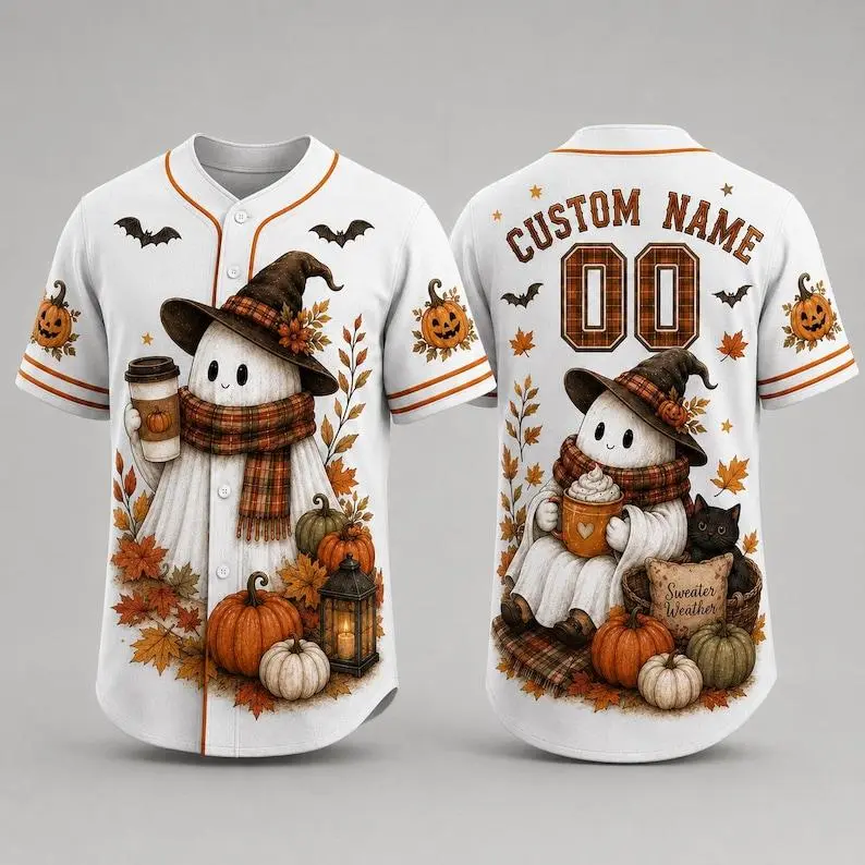 Custom Cute Ghost Halloween Baseball Jersey, Personalized Sweater Weather Fall Shirt, Pumpkin Spice Autumn Jersey with Name and Number