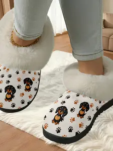 Cute Sausage Dog Paw Print Cotton Slippers, Plush Lined Anti-Slip Thick Sole, Casual Home Warm Shoes for Men and Women Fall Winter