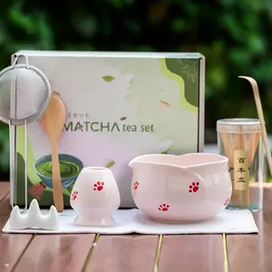 Japanese Sakura Matcha Bowl Set, Ceramic Tea Bowls, Tea Whisk Holder, Handmade Matcha Tool, Stirring Spoon, 8-Piece Set, Matcha Kit Set