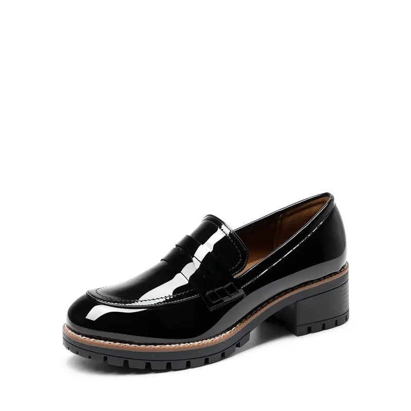 DREAM PAIRS Women's Black PU Slip-Ins Shoes - Thick Sole Loafers, Synthetic Breathable Closed-Toe, Sleek PU Upper, Wet Floor Grip, Chunky Mid-Heel Walking Shoes for Office Work, Non-Slip, Foot Fatigue Reduction