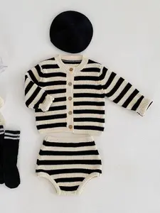 Spring & Fall Baby Unisex Round Neck Striped Knit Cardigan Set, Casual Fitted Cotton Yarn Sweater, Two-Piece for Kids