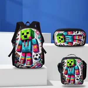 Colorful Block Character Soccer 3PCS Backpack Set, Durable 600D Oxford Cloth School Bag with Lunch Box & Pencil Case Combo, Adjustable Breathable Strap, Fits 15in Laptop for Kids Teens School Travel Outdoor