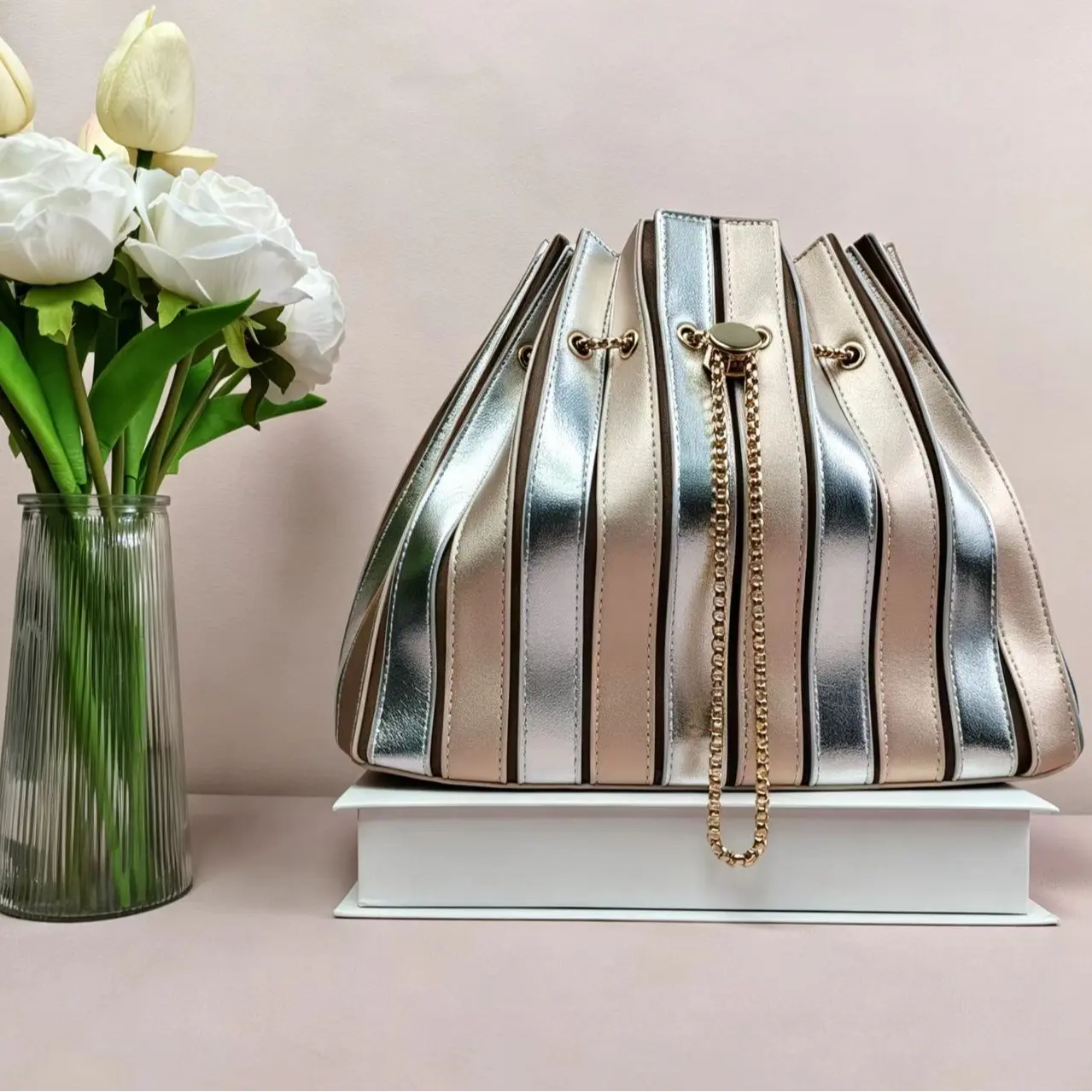 A189-Striped Metallic Bucket Bag Drawstring Tote Handbag Detachable Shoulder Strap Women Evening Crossbody Purse