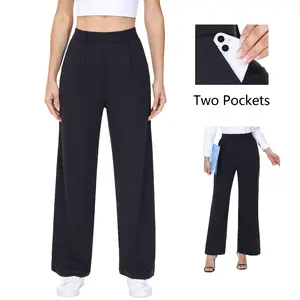 Women's Comfy Dress Pants - Straight Wide Leg Work Business Casual Trousers Wear Stretchy Pull on Office Slacks Travel Yoga Sweatpants High Waisted with Pockets Petite Comfy Lounge Trendy Clothes Two Pockets