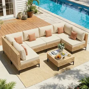ABCASA Outdoor Patio Rattan Furniture, 5/7/9 Pieces Sofa Set with Soft Cushions & Coffee Table, Boho Patio Conversation Set Sectional Sofa for Lawn, Backyard, Porch, Beige