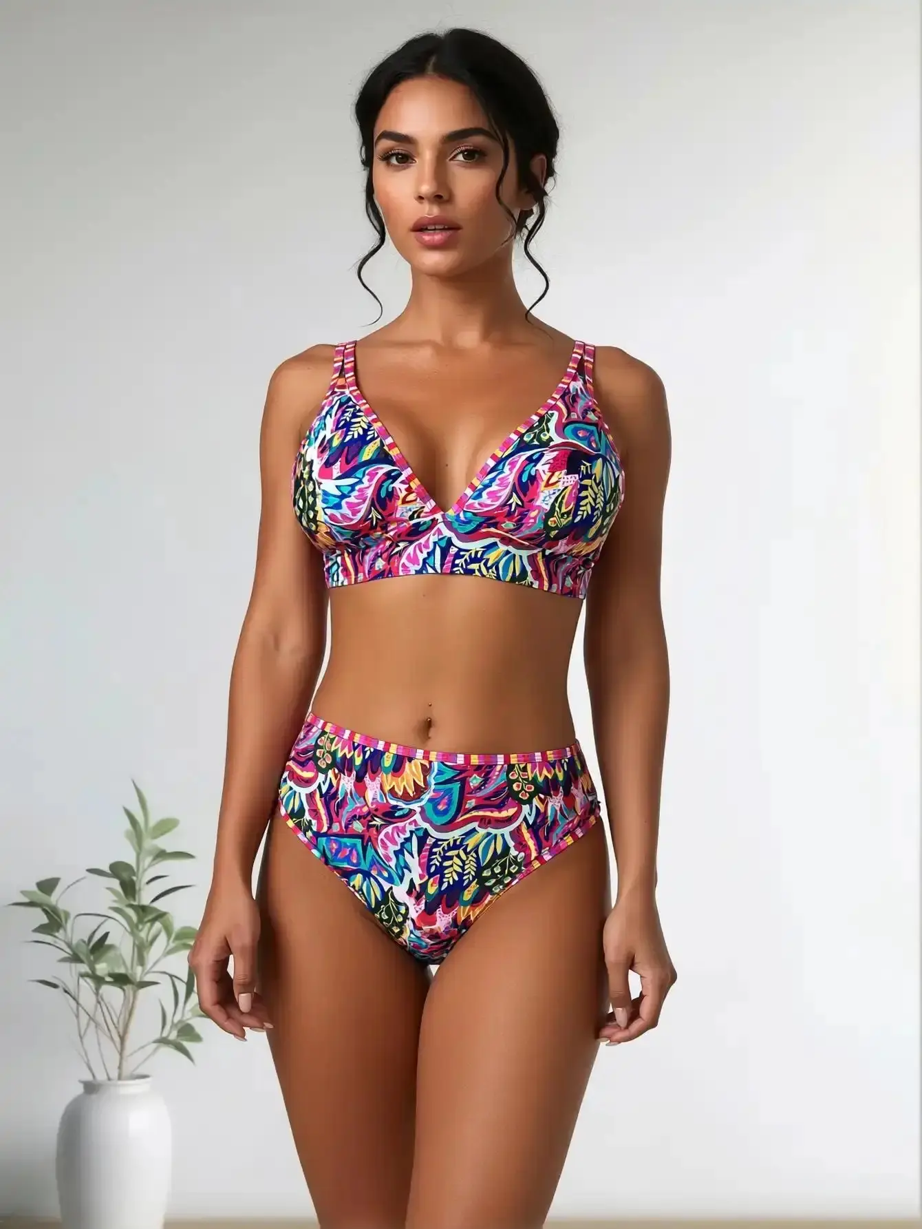 Women's 2-Piece Paisley Print Bikini Sets - Colorful Bohemian V-Neck Beach Swimwear, Mid-Rise Bottoms, Stretch Fast-Dry Fabric, Snug Fit, Wash Safe Pool Wear, Stretch Fabric