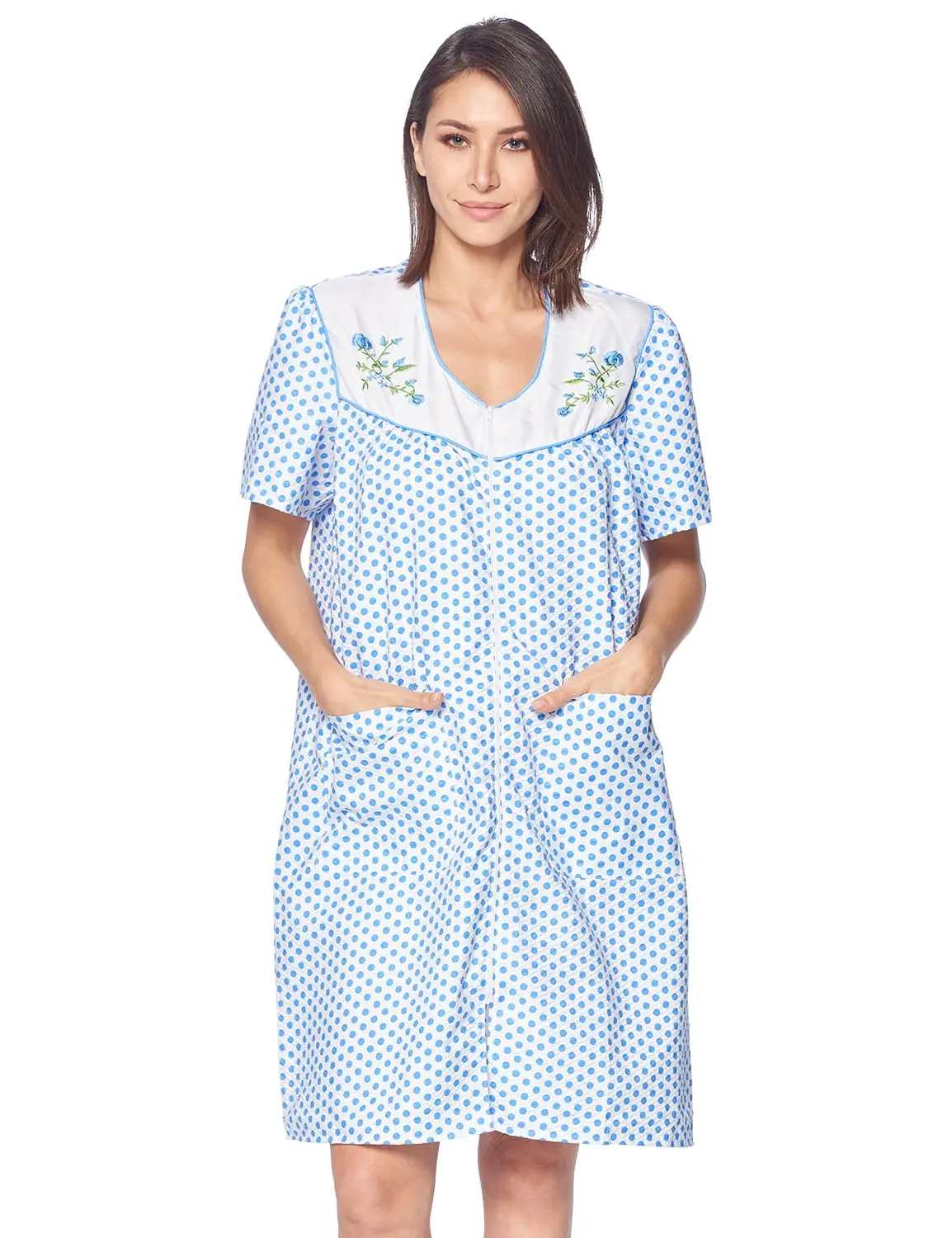 Casual Nights Women's Embroidered Seersucker Housecoat, Breathable Polyester Blend Duster with a Zipper-Front for Maternity Wear, Embroidery, Warmer, Soft