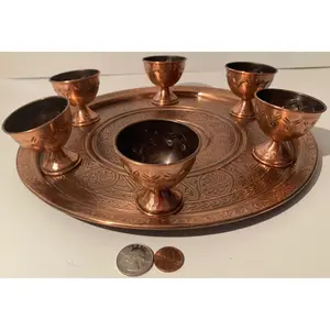 7 Piece Vintage Copper Metal Serving Tray, Platter with Nice Design, and 6 Shot Glasses, Tea, 12" WIde, Quality, Heavy Duty, Home Decor