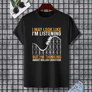 Funny Roller Coaster Design for Amusement Park Ride Lover T-Shirt, 100% Cotton, Single Side Printed, Black Short Sleeve T-shirt, Gift for Family Friends, S-XXXL, 1 pc, Fabric Weight 180g