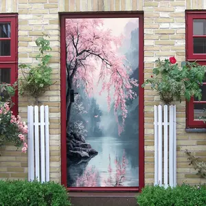 2pcs Japanese Cherry Blossom Tree Wall Decal for Home Decor Romantic Pink Flower Vinyl Sticker with Mountain Lake Reflection Design Removable Waterproof Art Mural for Living Room Bedroom Door Window D