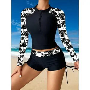 Women's Palm Tree Print Rash Guard Set Long Sleeve Half Zip Two Piece Swimsuit High Waisted Drawstring Shorts Beach Bathing Suit for Summer Outings