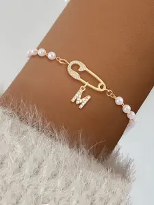Women's Zirconia Pin Initial Letter Bracelet, Classic Beaded Chain Design, Copper Material, Casual Style, All Seasons Wear