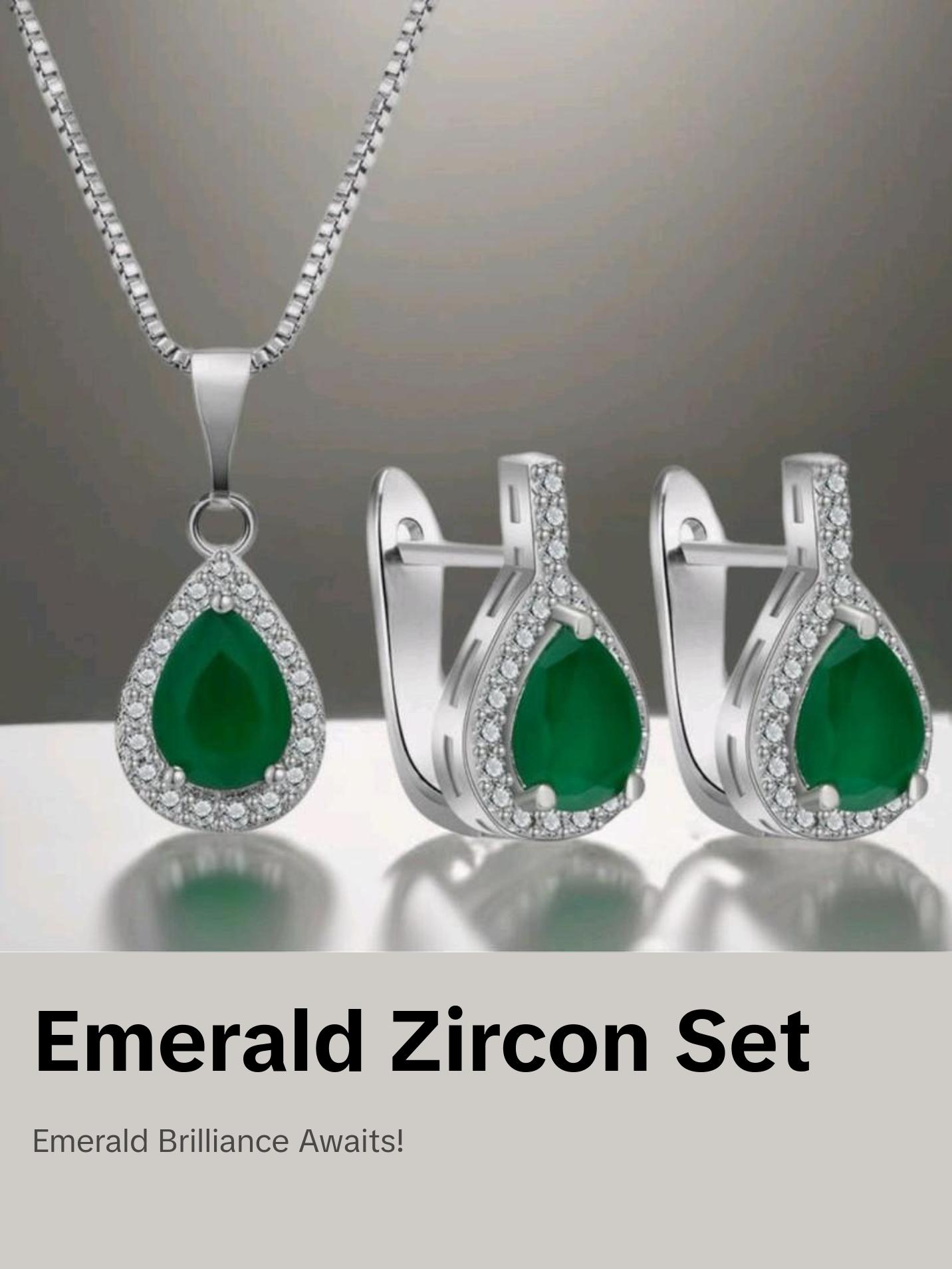 Sterling Silver Lab Emerald and Zircon Stone Necklace and Earring Set