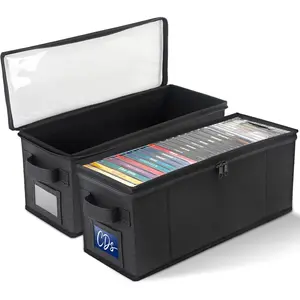 CD Storage Box with Clear Window - 2 Pack Media Organizer, Innovative Folding Design for CD Discs, CD Holder with Reinforced Handle & Label Slot, Holds 29 CDs Each, Fits Car & Home Use