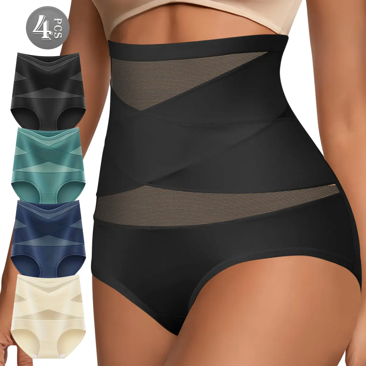 QUASTI 4-Piece High-Waisted Crossover Tummy Control Women's Panties, Lifts and Shapes, Soft Smooth and Breathable Fabric, Highly Elastic and Silky, Skin-Friendly Womenswear, Sizes S-XXL