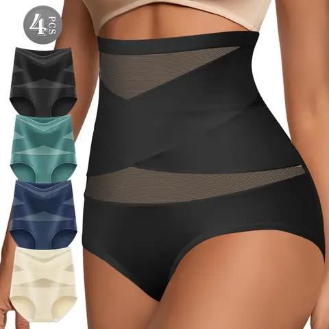 QUASTI 4-Piece High-Waisted Crossover Tummy Control Women's Panties, Lifts and Shapes, Soft Smooth and Breathable Fabric, Highly Elastic and Silky, Skin-Friendly Womenswear, Sizes S-XXL