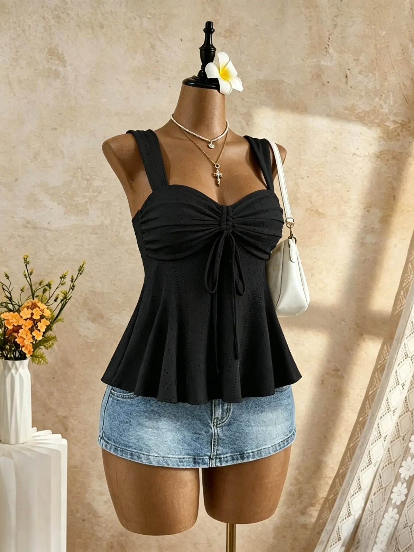 Summer Casual Chic Sleeveless Solid Color Drawstring Halter Top, Women's Hollow Out Knot Bell Bottom Vest, Comfortable and Stylish Summer Wear, Cami Tank Top