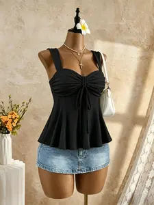 Summer Casual Solid Color Drawstring Halter Top, Women's Hollow Out Knot Bell Bottom Vest, Comfortable and Stylish Summer Wear