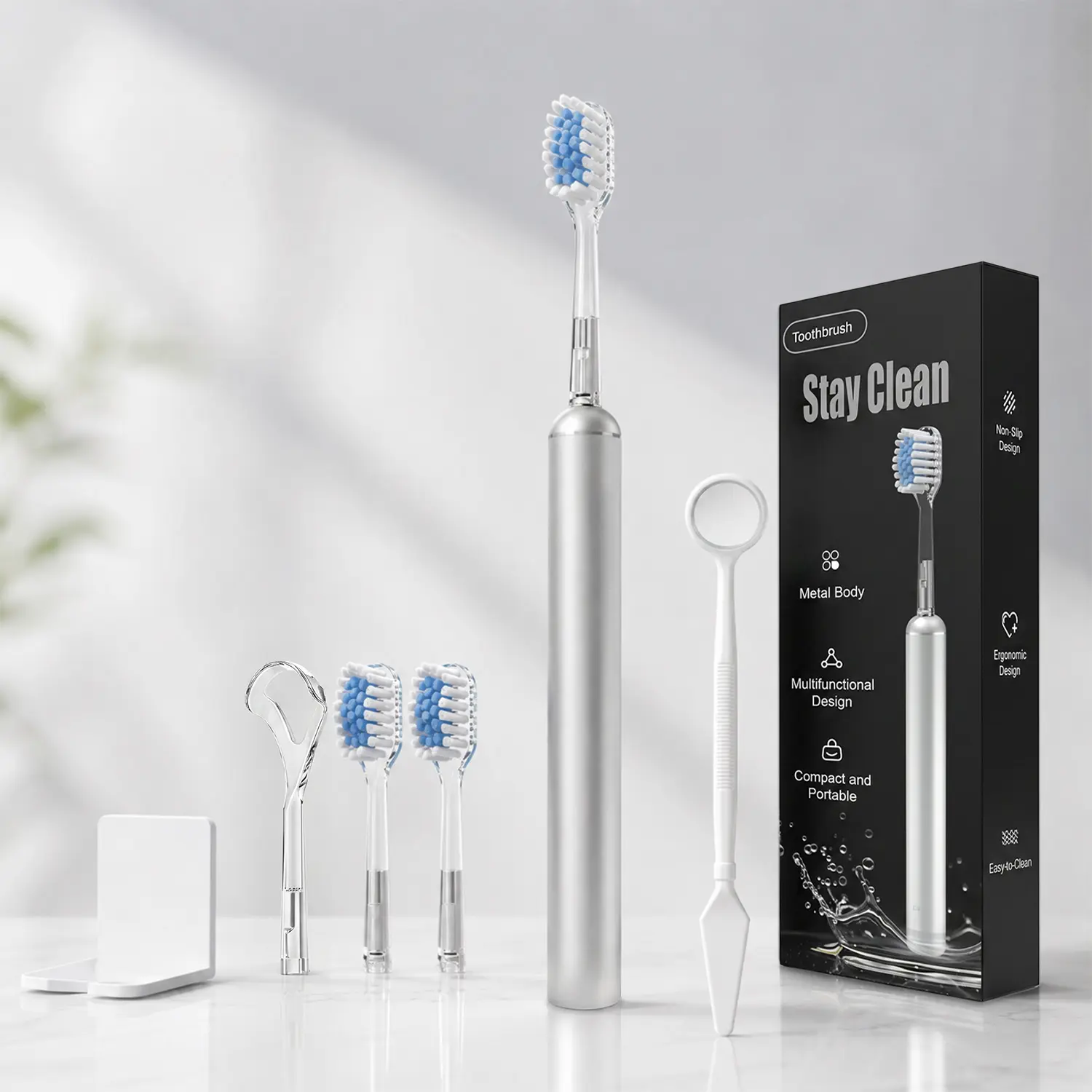 Luxury Manual Toothbrush Set Wall Mount Tongue Scraper Oral Mirror All in One Soft Bristles Eco-conscious Metal Handle 3 Replaceable Brush Heads Sustainable Refillable Toothbrush Elegant for Home, Hospitality or Travel Toothbrushes for Sensitive Teeth
