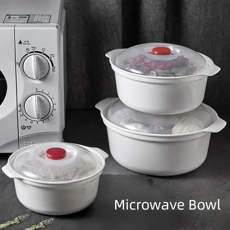 3pcs Microwaveable Bowl Set, Round Food-Grade PP5 Soup Bowls with Lids, Steamer Basket, and Steaming Box. Food Heats in Just 1-3 Minutes. Enjoy Gourmet Kitchen Meals with Ease.