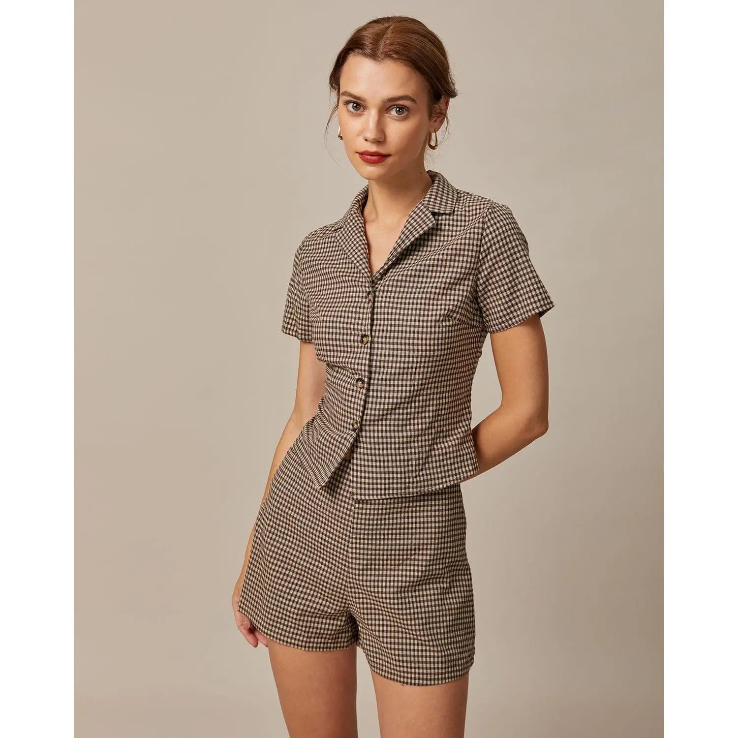 RIHOAS Women's Casual Brown Plaid Blouse, Chic Slim Fit Short Sleeve Cotton Top with Lapel and Tie Back, Clothes For Women, Women's Tops