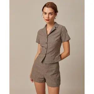 The Brown Lapel Plaid Short Sleeve Blouse