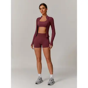Women's Solid Crop Coat & Backless Bra & High Waist Shorts Tracksuit Set, Casual Sporty Breathable Comfy Activewear Set for Yoga Gym Workout Running, Ladies Sportswear for All Seasons