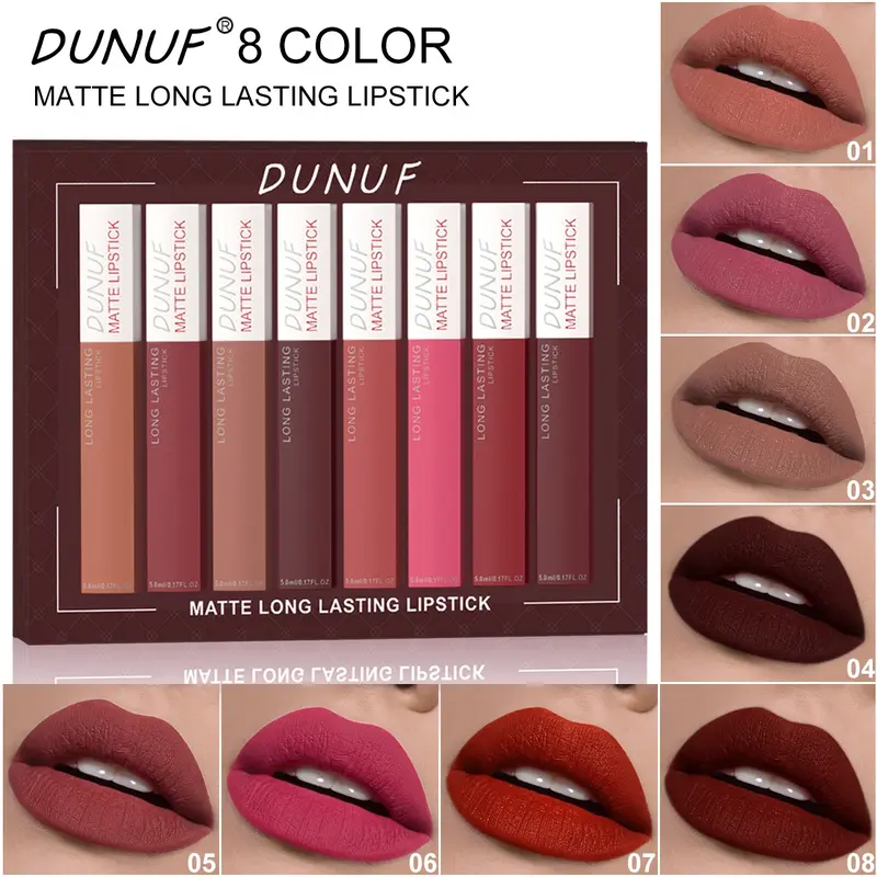 DUNUF 8PCS Long Lasting Matte Lip Gloss Set ✨ Velvet Matte Finish Multi-color Lip Makeup Essential Matte Lipstick Lip Products Makeup
