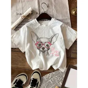 Women's Cotton Graphic T-Shirt - Cute Chihuahua Dog Print, Short Sleeve, Crewneck, Summer Casual Streetwear Top - Gift for Dog Lovers