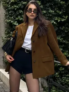 Retro Faux Suede Oversized Lapel Neckline Blazer Woman Spring 2026 Women's Work Office Suit Jacket Fashion Casual Brown Khaki Single-Breasted Long Sleeve Blazers For Woman American Old Money Style Outerwears