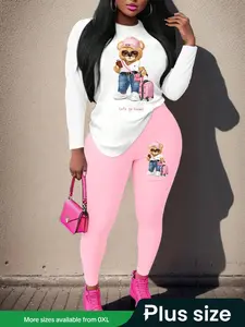 【Plus Size】 Two-Piece Set Cartoon Bear Print Tee & Skinny Pants, Casual Fashion Round Neck Long Sleeve Top & Trousers for Daily Outdoor Wear, Women's Outfits for Spring & Fall, Womenswear