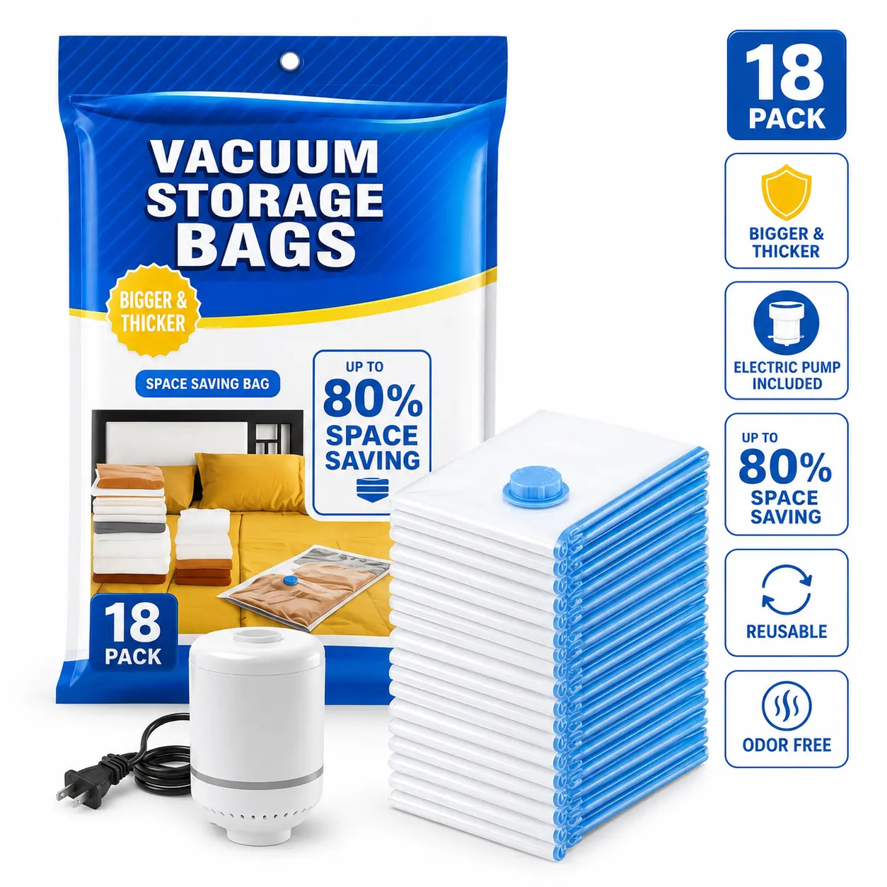 18-Pack Larger & Thicker Design 5-Layer Reusable & Practical Vacuum Storage Bags with Electric Pump, Odour-Free PP Plastic Dustproof Home Organisers, Vacuum Bags for Travel, Clothes, Comforters, Mattress