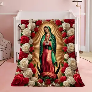 Virgin Mary and Rose Print Flannel Rug, a soft, warm, and cozy all-season rug, suitable for travel, home use and as a gift, in mixed colors, an ideal gift for holidays.