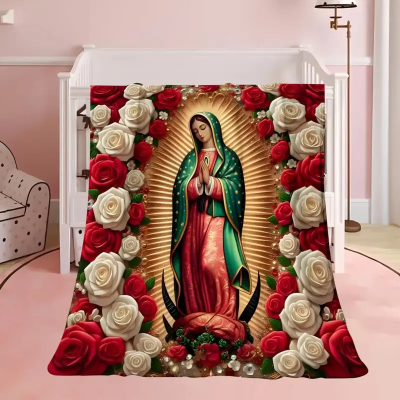 Virgin Mary and Rose Print Flannel Rug, a soft, warm, and cozy all-season rug, suitable for travel, home use and as a gift, in mixed colors, an ideal gift for holidays.