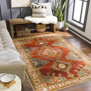 Lavable Burnt Orange and Rust Traditional Area Rug Lavable Burnt Orange and Rust Traditional Area Rug